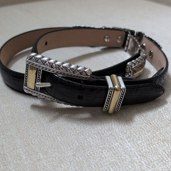 Brighton Black Leather Croc Embossed Belt Brass/Silver Buckle & Hardware Size M - Picture 1 of 10